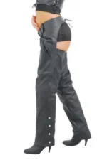 Blackout Edge Women's Black Leather Motorcycle Chaps Worn Side View