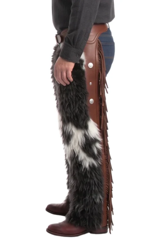Blackwater Woolies Chaps with Brown Leather and Long Fringe Side View