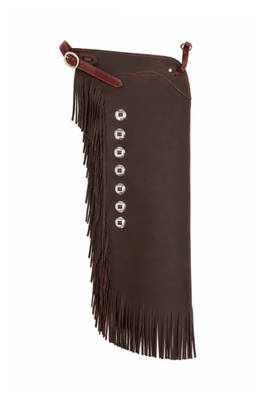 Dark Brown Leather Chink Chaps with Long Fringe Side View