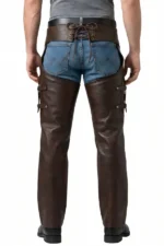 Brown Leather Motorcycle Chaps Side Buckle Straps Back View