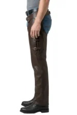 Brown Leather Motorcycle Chaps Side Buckle Straps Side View