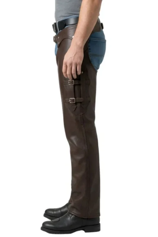 Brown Leather Motorcycle Chaps Side Buckle Straps Side View