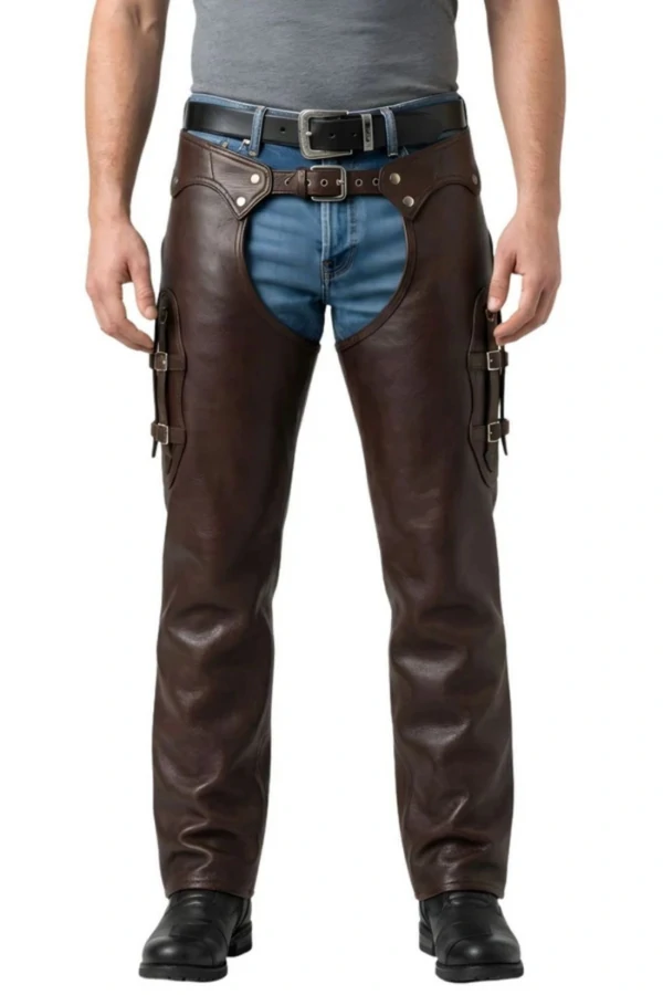 brown-leather-motorcycle-chaps-side-buckle-straps Brown Leather Motorcycle Chaps Side Buckle Straps