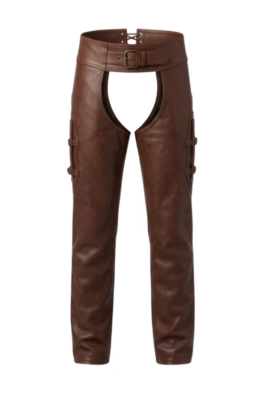 Brown Leather Motorcycle Chaps with Side Buckle