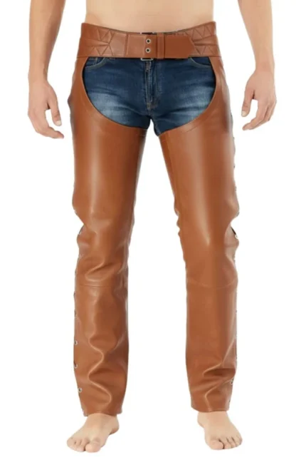 Brown Leather Motorcycle Chaps with Side Lacing