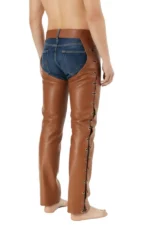 Brown Leather Motorcycle Chaps with Side Lacing Back View