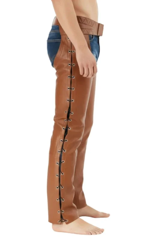 Brown Leather Motorcycle Chaps with Side Lacing Side View
