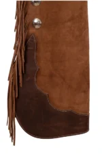 Brown Suede Batwing Chaps with Fringe and Western Conchos Details View