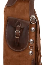 Brown Suede Batwing Chaps with Fringe and Western Conchos Pocket View