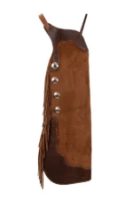 Brown Suede Batwing Chaps with Fringe and Western Conchos Side View