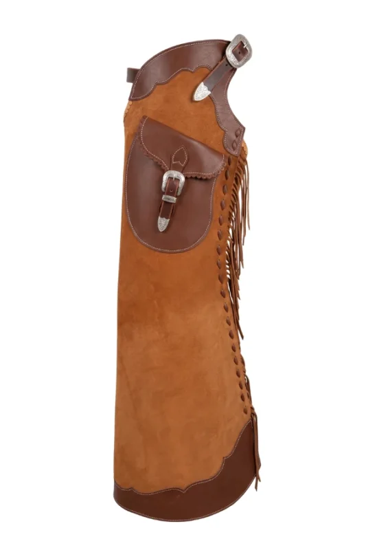Brown Suede Batwing Chaps with Fringe and Utility Pocket