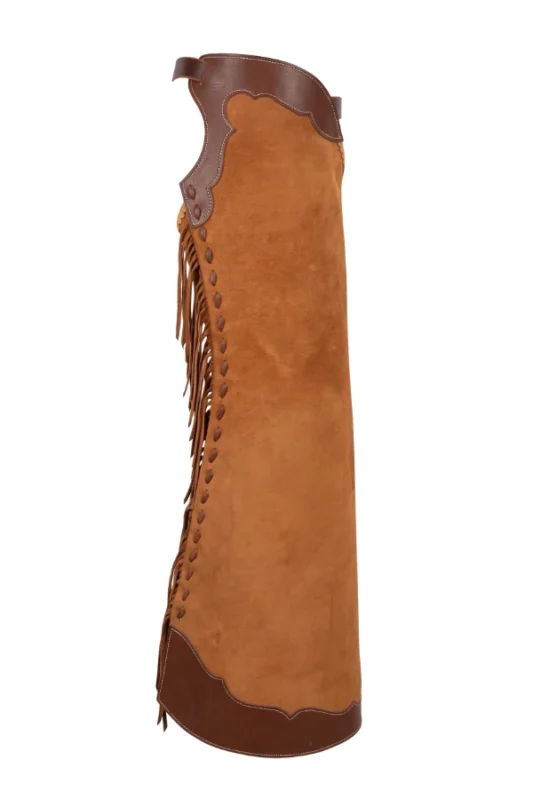 Brown Suede Batwing Chaps with Fringe and Utility Pocket Side View