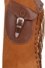 Brown Suede Batwing Chaps with Fringe and Utility Pocket View