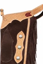 Brown Suede Chink Chaps with Tooled Leather Yoke Details View