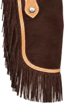 Brown Suede Chink Chaps with Tooled Leather Yoke Fringe View