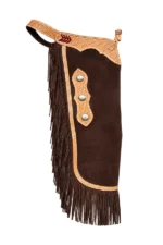 Brown Suede Chink Chaps with Long Fringe and Silver Conchos Back View