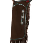 Brown Suede Chink Chaps with Turquoise Stitching and Conchos