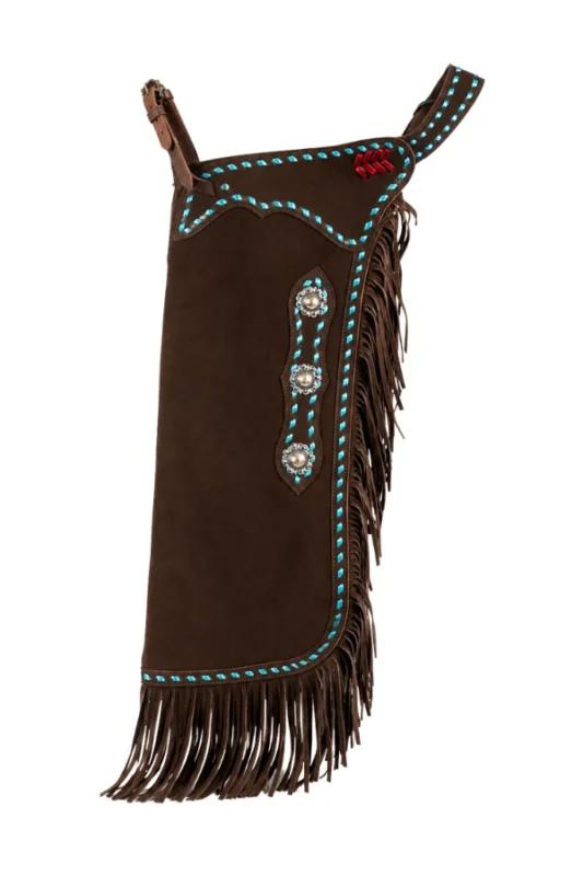 Brown Suede Chink Chaps with Turquoise Stitching and Conchos