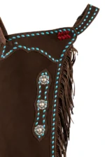 Brown Suede Chink Chaps with Turquoise Stitching and Conchos Details View