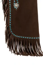Brown Suede Chink Chaps with Turquoise Stitching and Conchos Fringe View