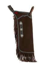 Brown Suede Chink Chaps with Turquoise Stitching and Conchos Side View