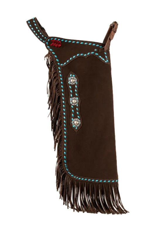 Brown Suede Chink Chaps with Turquoise Stitching and Conchos Side View