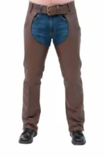 brown winter leather chaps front