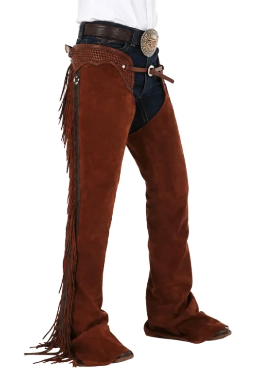 Canyon Brown Suede Western Show Chaps with Tooled Yoke Side View