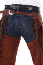 Canyon Brown Suede Western Show Chaps with Tooled Yoke Yoke Back View