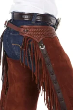 Canyon Brown Suede Western Show Chaps with Tooled Yoke Yoke Side View