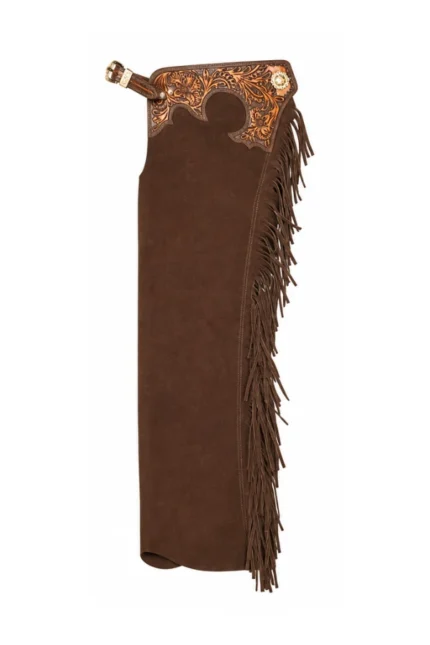 Canyon Brown Tooled Leather Western Show Chaps with Fringe