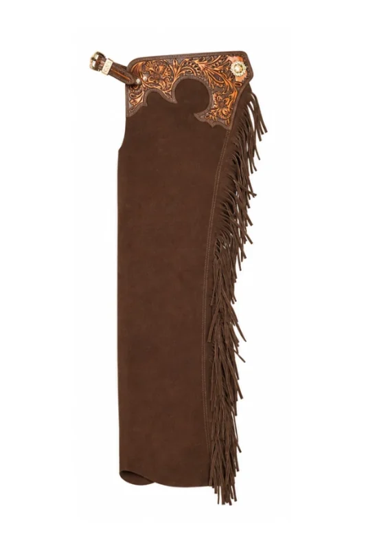 Canyon Brown Tooled Leather Western Show Chaps with Fringe