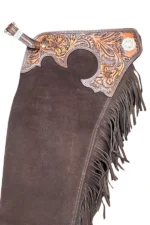 Canyon Brown Tooled Leather Western Show Chaps with Fringe Details View