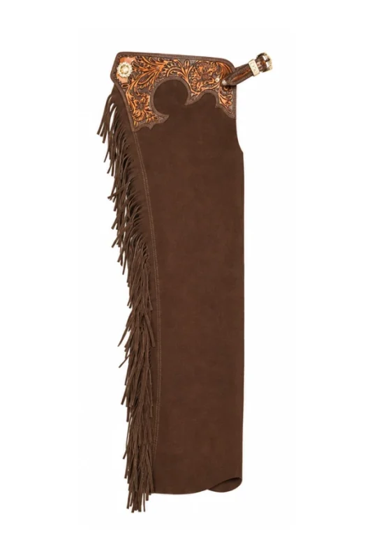 Canyon Brown Tooled Leather Western Show Chaps with Fringe Side View