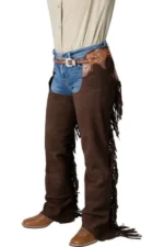 Canyon Brown Tooled Leather Western Show Chaps with Fringe Worn View