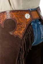 Canyon Brown Tooled Leather Western Show Chaps with Fringe Worn Back View