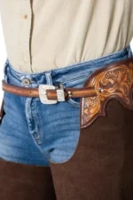 Canyon Brown Tooled Leather Western Show Chaps with Fringe Worn Front View