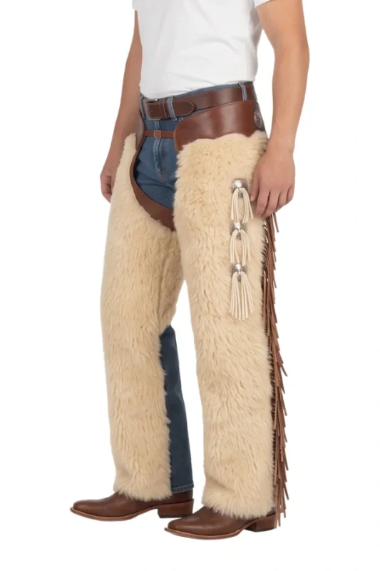 Canyon Cream Woolies Chaps with Tassel Conchos Side View