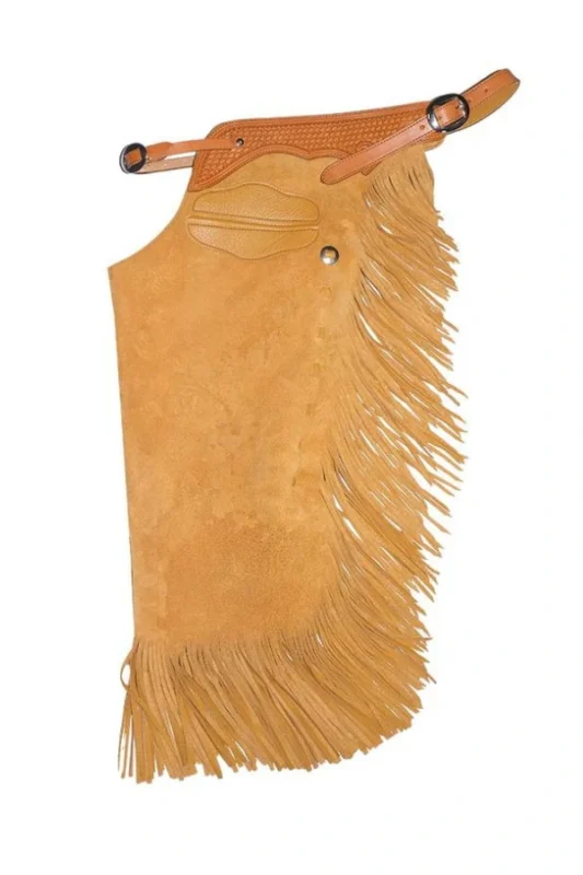 Canyon Dust Suede Chink Chaps with Basketweave Yoke and Long Fringe