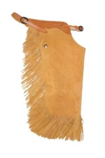 Canyon Dust Suede Chink Chaps with Basketweave Yoke and Long Fringe Side View