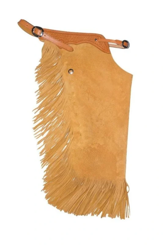 Canyon Dust Suede Chink Chaps with Basketweave Yoke and Long Fringe Side View