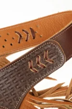 Canyon Forge Tan Leather Chink Chaps with Long Fringe Yoke View