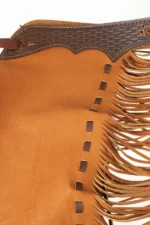 Canyon Forge Tan Leather Chink Chaps with Long Fringe Details View