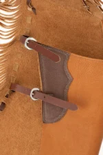 Canyon Forge Tan Leather Chink Chaps with Long Fringe Hooks View