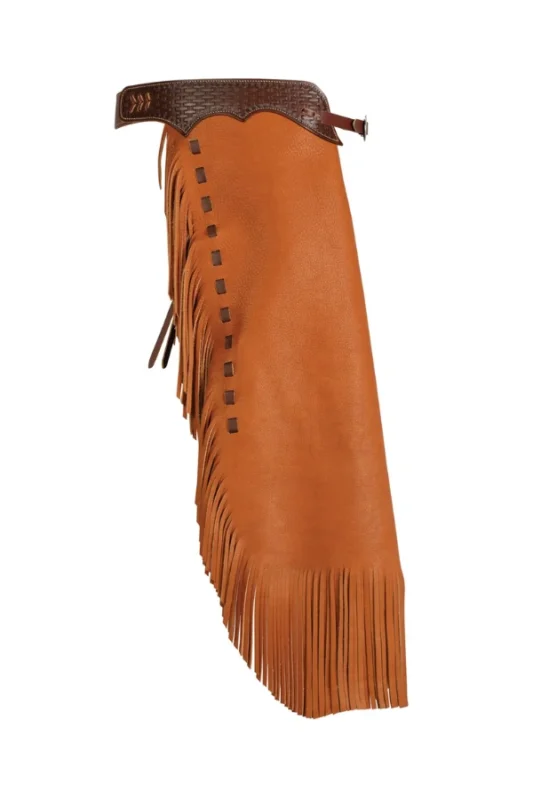 Canyon Forge Tan Leather Chink Chaps with Long Fringe Side View