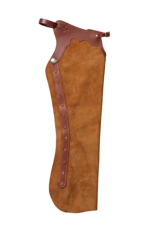 Canyon Gold Shotgun Chaps with Brown Leather Accents Side View
