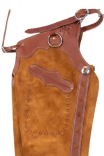 Canyon Gold Shotgun Chaps with Brown Leather Accents Yoke View