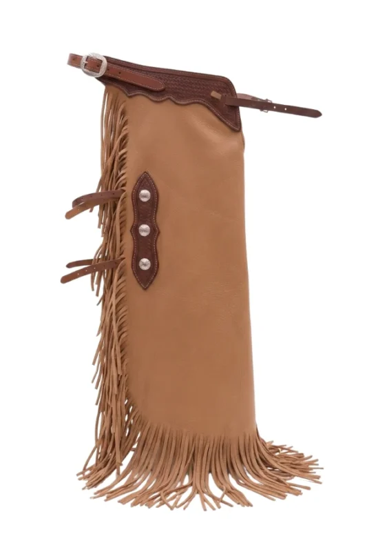 Canyon Heritage Leather Chink Chaps with Basketweave Yoke and Long Fringe Side View