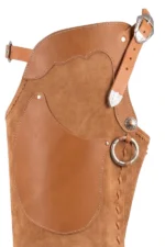 Canyon Tan Western Batwing Chaps with Leather Pocket and Side Lacing Yoke View