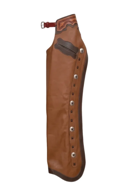 Chestnut Leather Batwing Chaps with Dark Brown Trim and Western Conchos